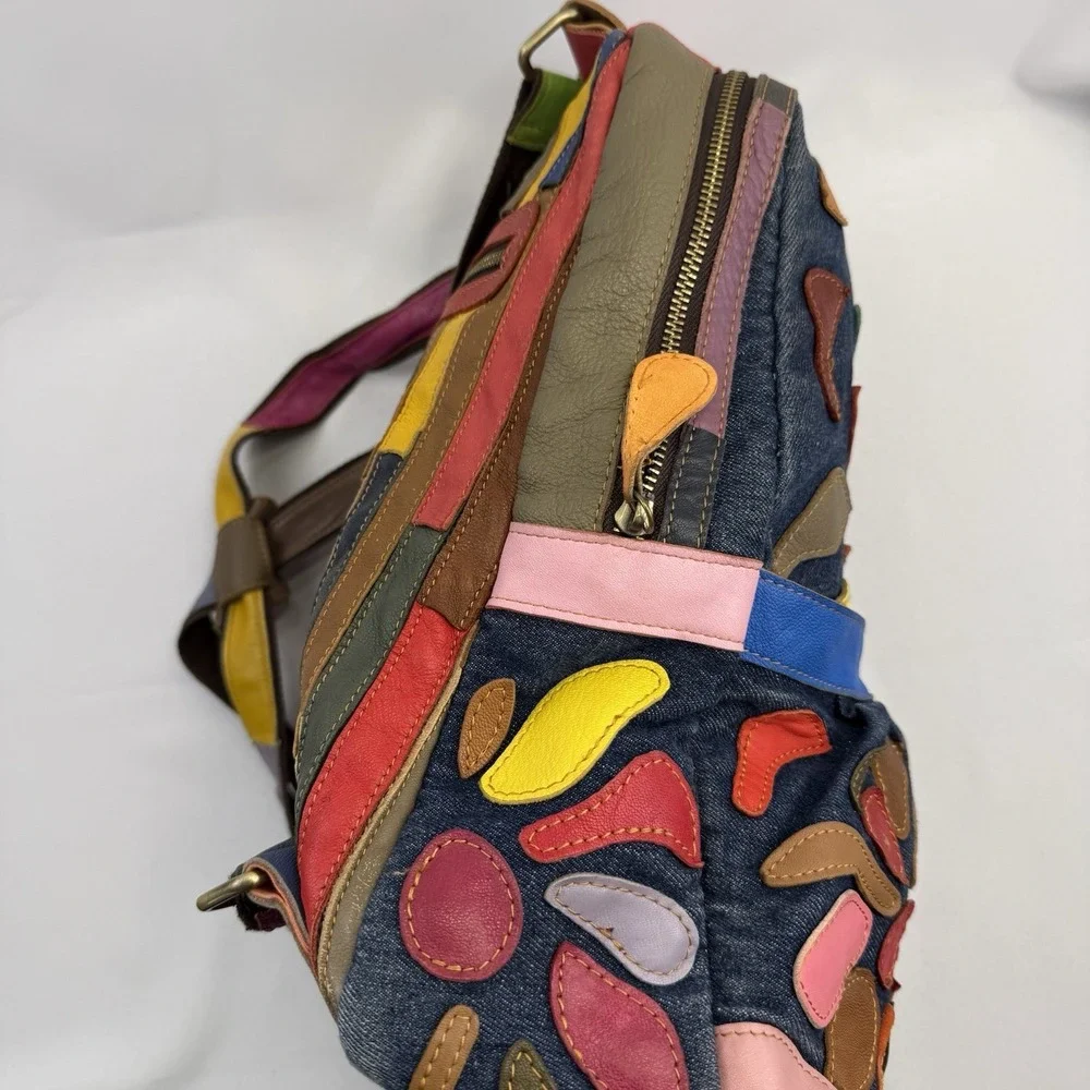 VTG Amerileather‎ Leather Backpack Multi Color Rainbow Flower Boho Denim Bag Y2K